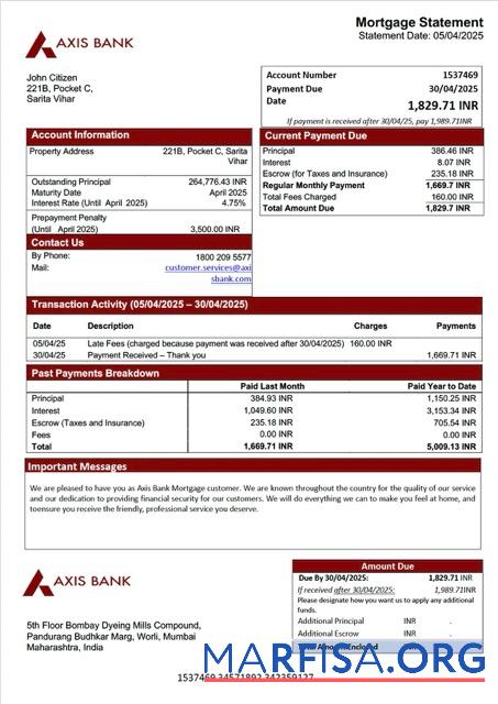 Downloadable India Axis Bank mortgage statement Word and PDF template